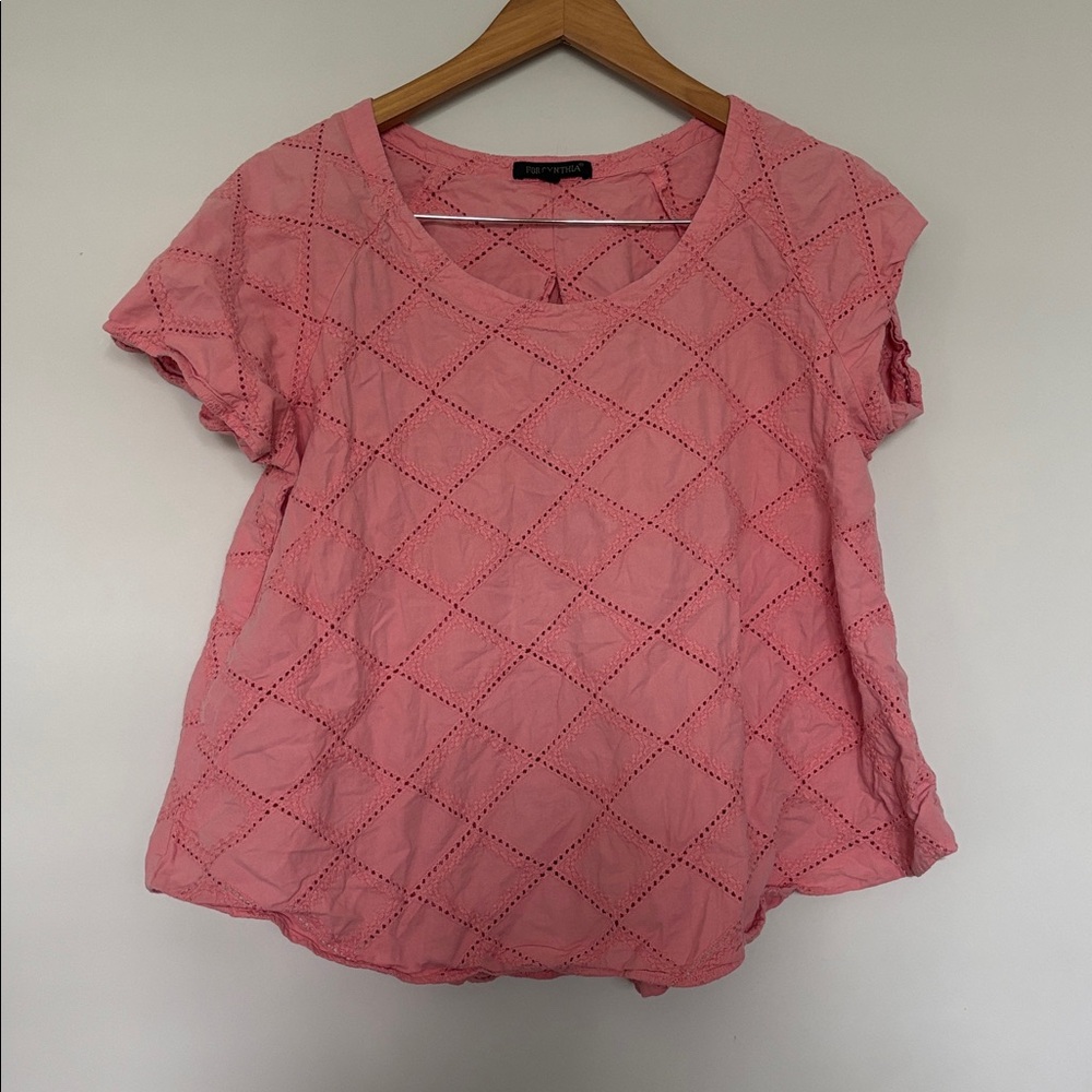 For Cynthia Broderie Blouse Size Large Pink Eyelet Geometric Boxy Sz L EUC